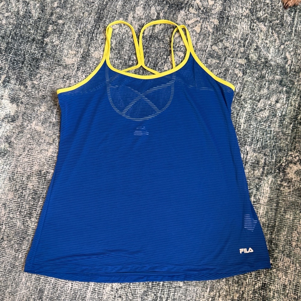 Fila Women's Strappy Blue Tank Top with Yellow Trim